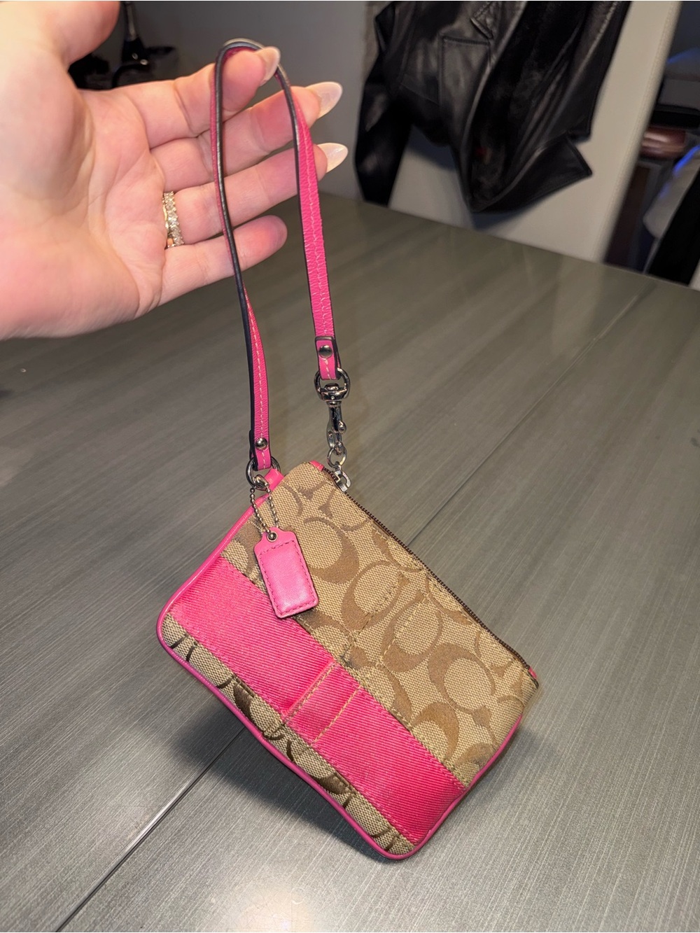 Coach Tan Signature Canvas Wristlet with Hot Pink Trim